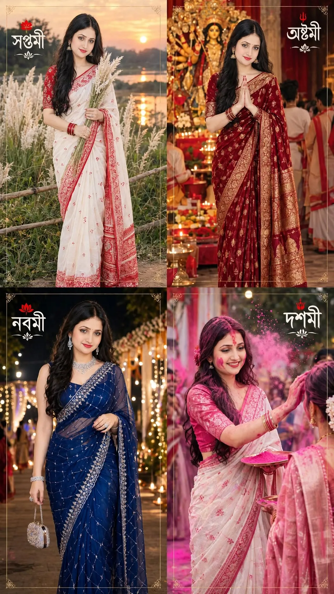 Young Bengali Woman in Four Durga Puja Outfits