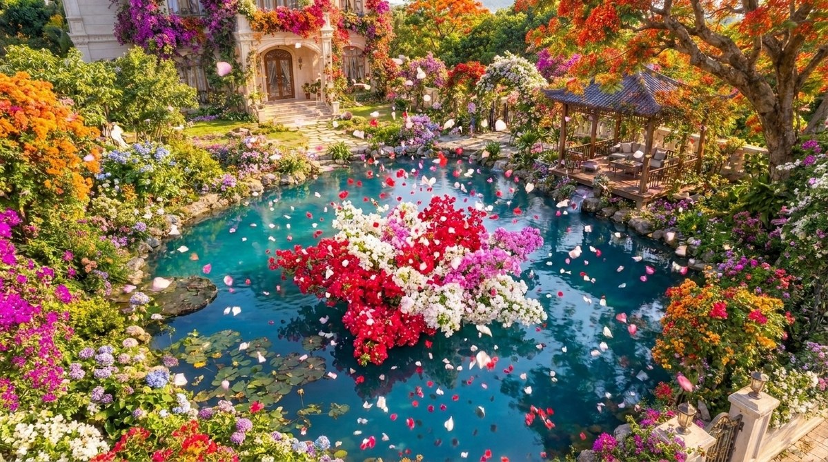 Tricolor Bougainvillea Vortex Reveal on a Lake