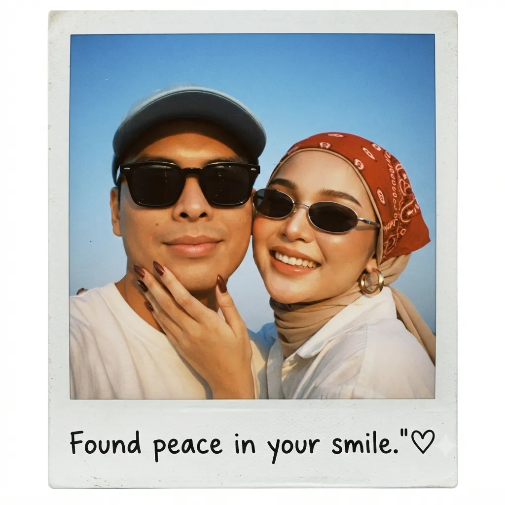 Golden-Hour Couple Selfie in a Vintage Polaroid Frame