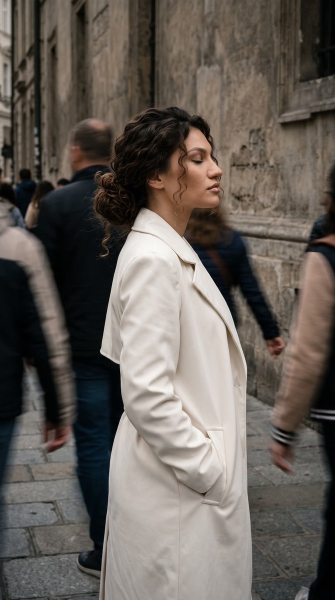 Cinematic Street Portrait Amid a Moving Crowd