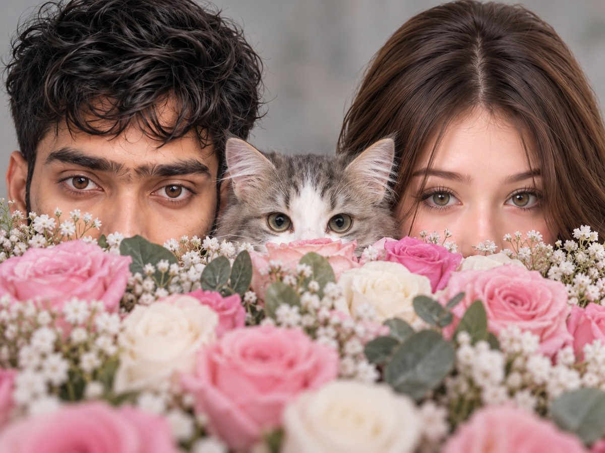 Two People and a Cat Behind a Rose Bouquet