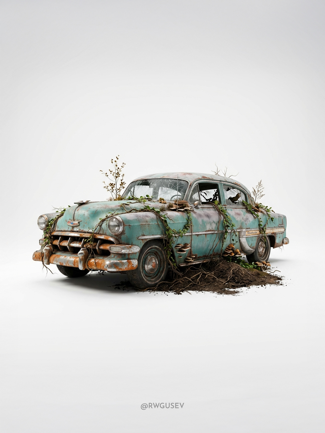 Nature Reclaims a Weathered Car — Hyperrealistic Poster output 3