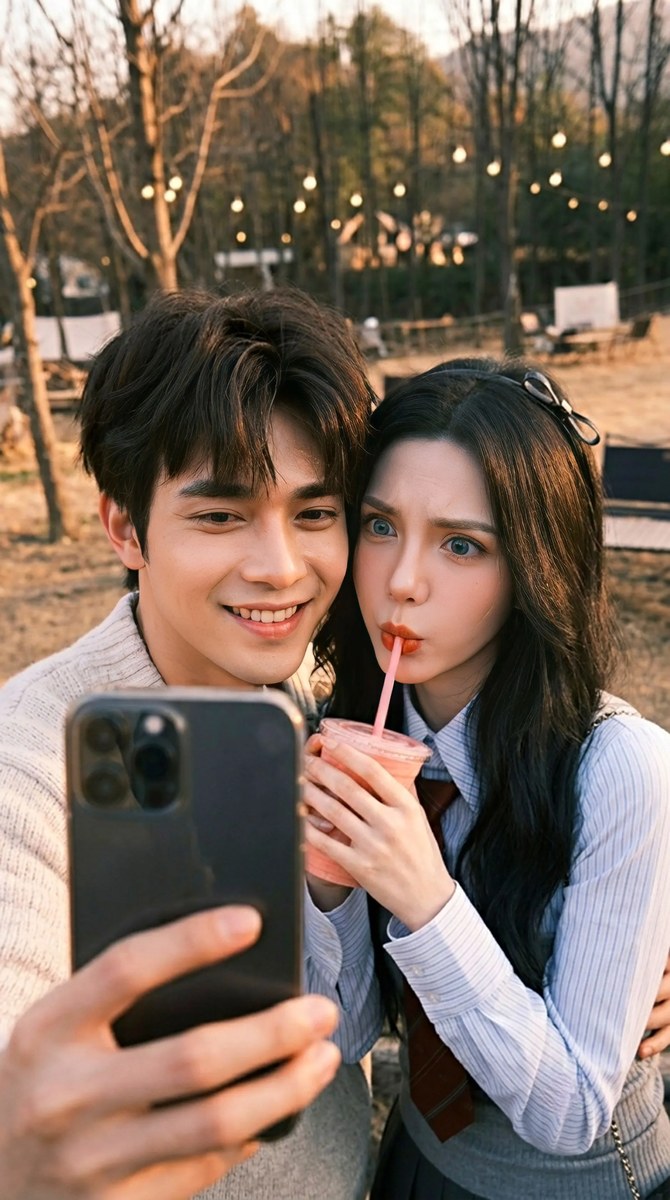 Golden-Hour Forest Café Couple Selfie output 9