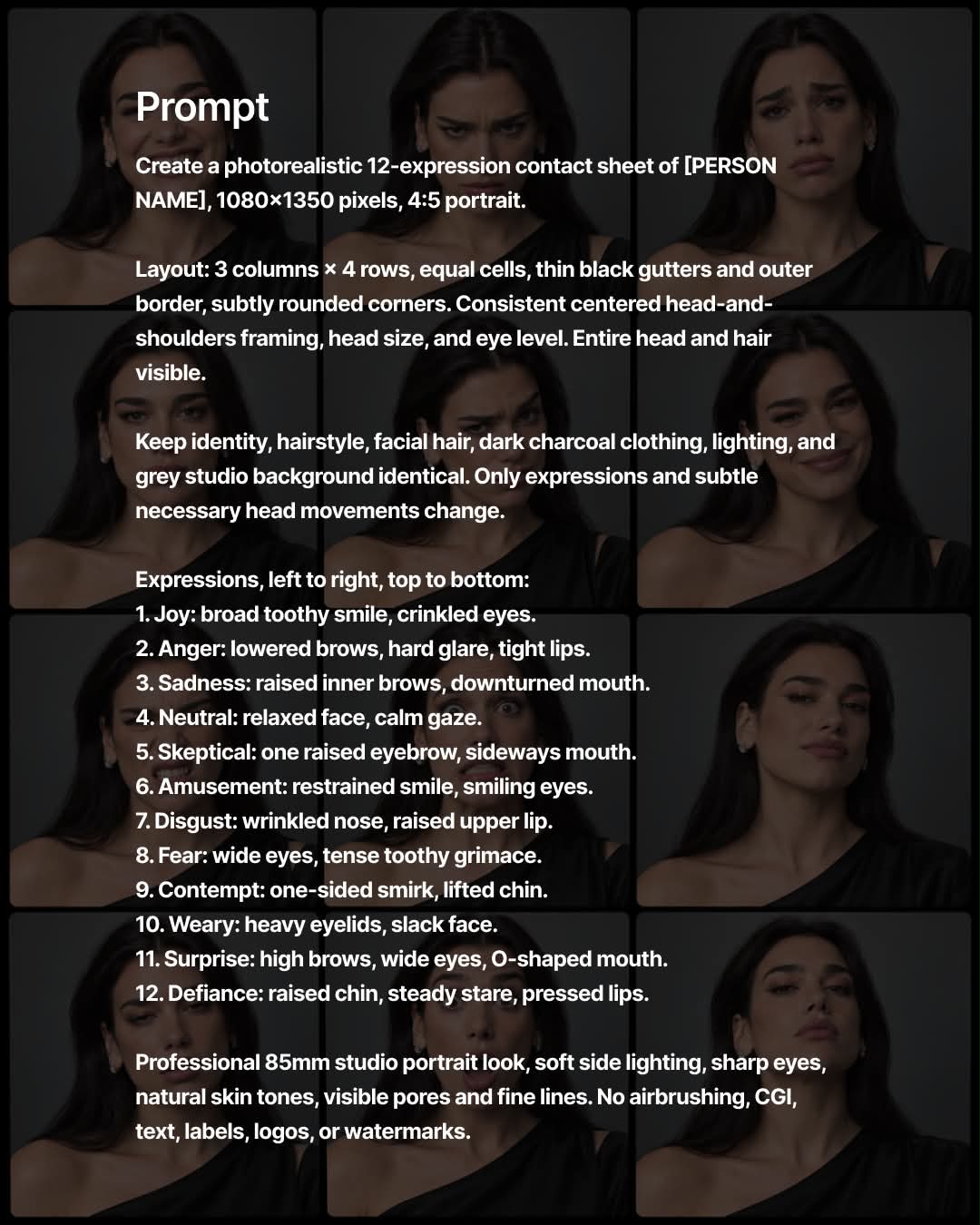 Photorealistic 12-Expression Portrait Contact Sheet output 8
