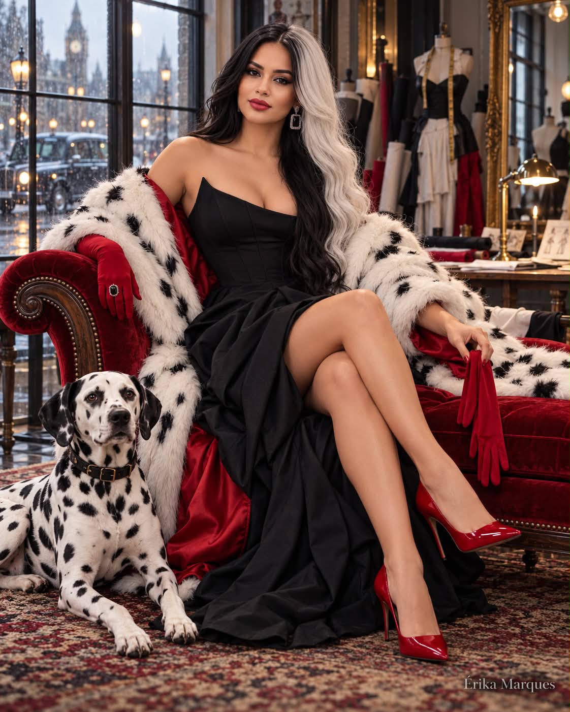 Cruella-Inspired Couture Portrait with a Dalmatian output 1