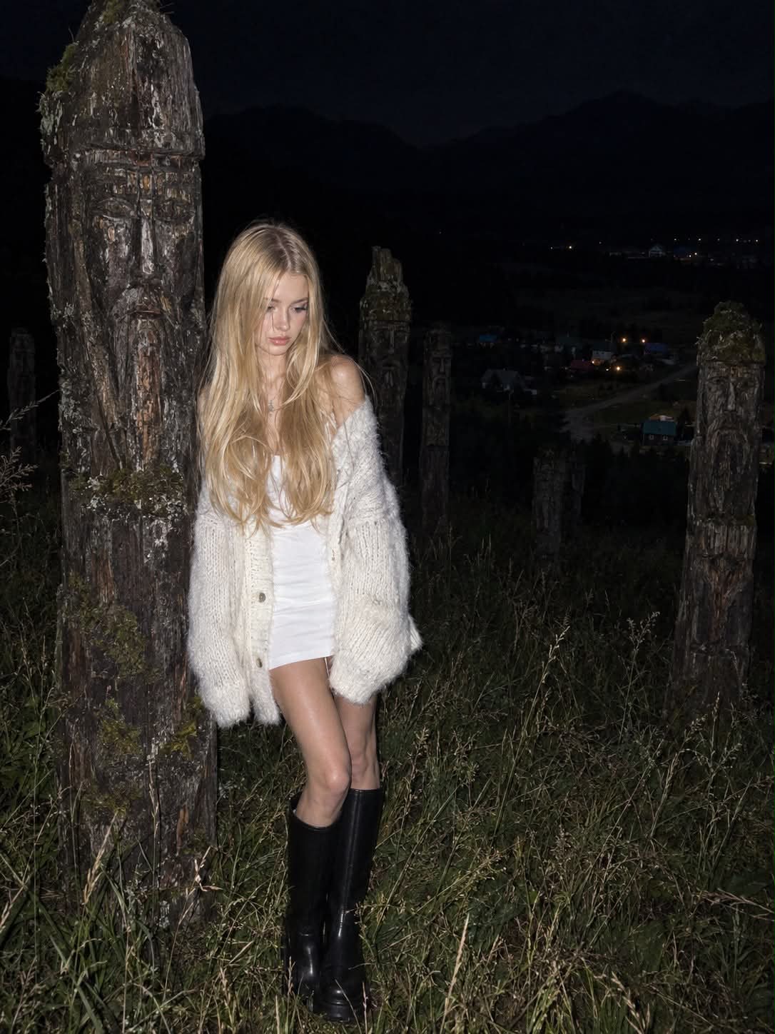 Flash-Lit Night Portrait Among Slavic Wooden Idols