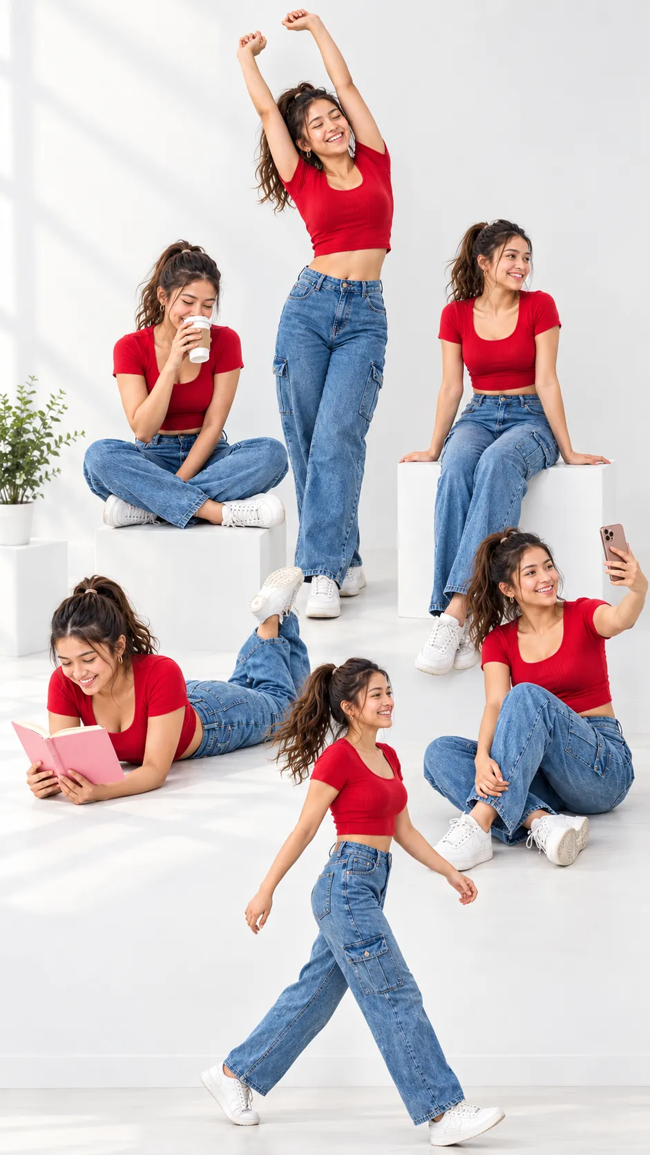 Six-Pose Studio Collage of a Young East Asian Woman