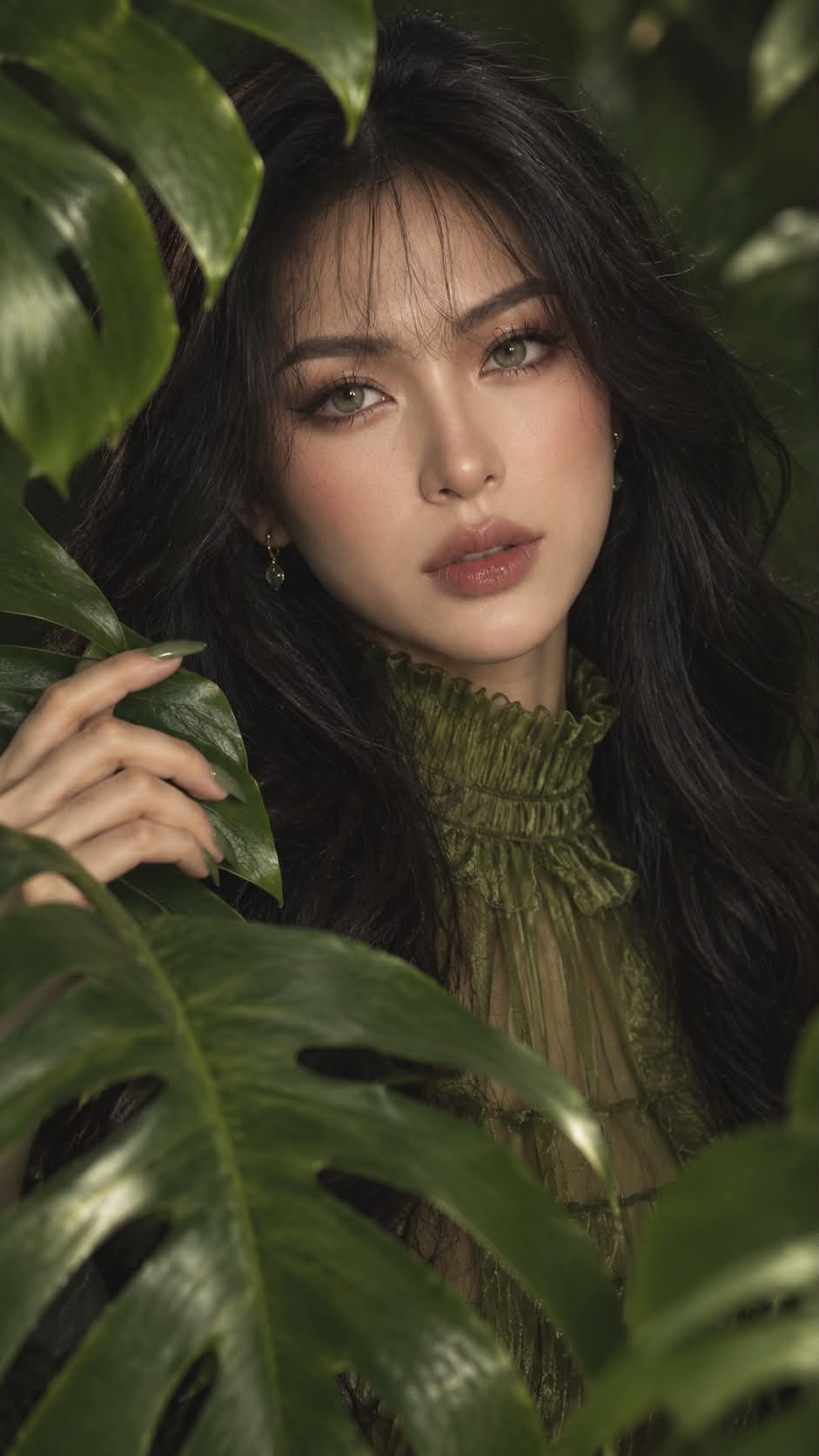 Moss-Green Editorial Portrait Among Tropical Leaves