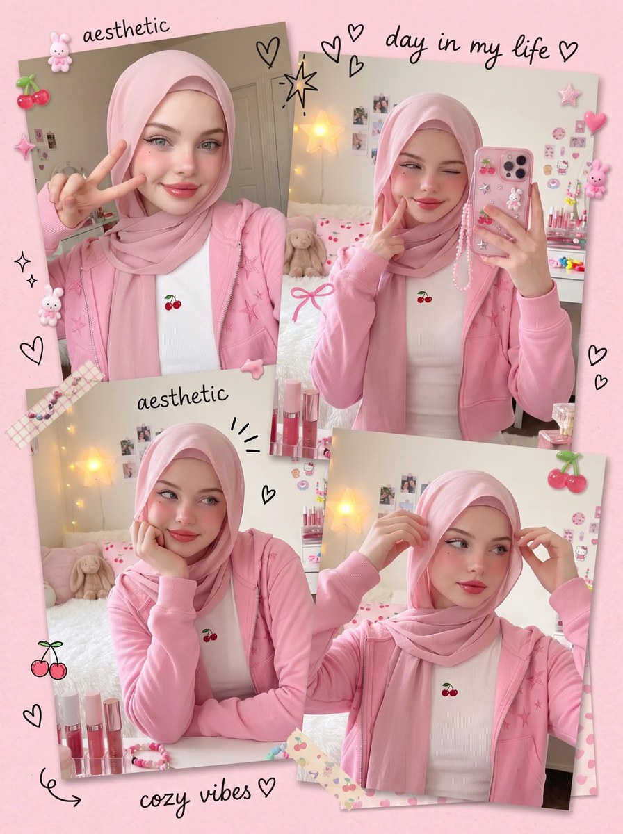 Pink Hijab Bedroom Mirror Selfie
