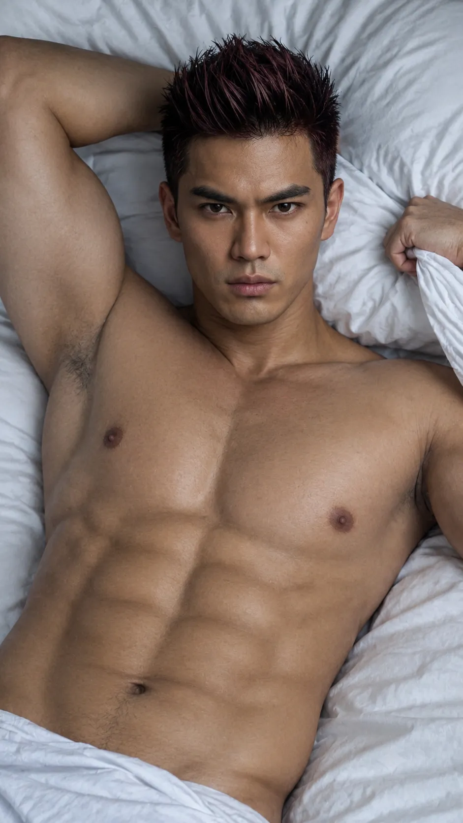 Photorealistic Young Man Reclining on a White Bed