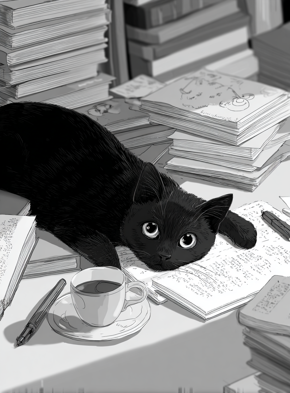 Close-Up Black Cat Desk Illustration