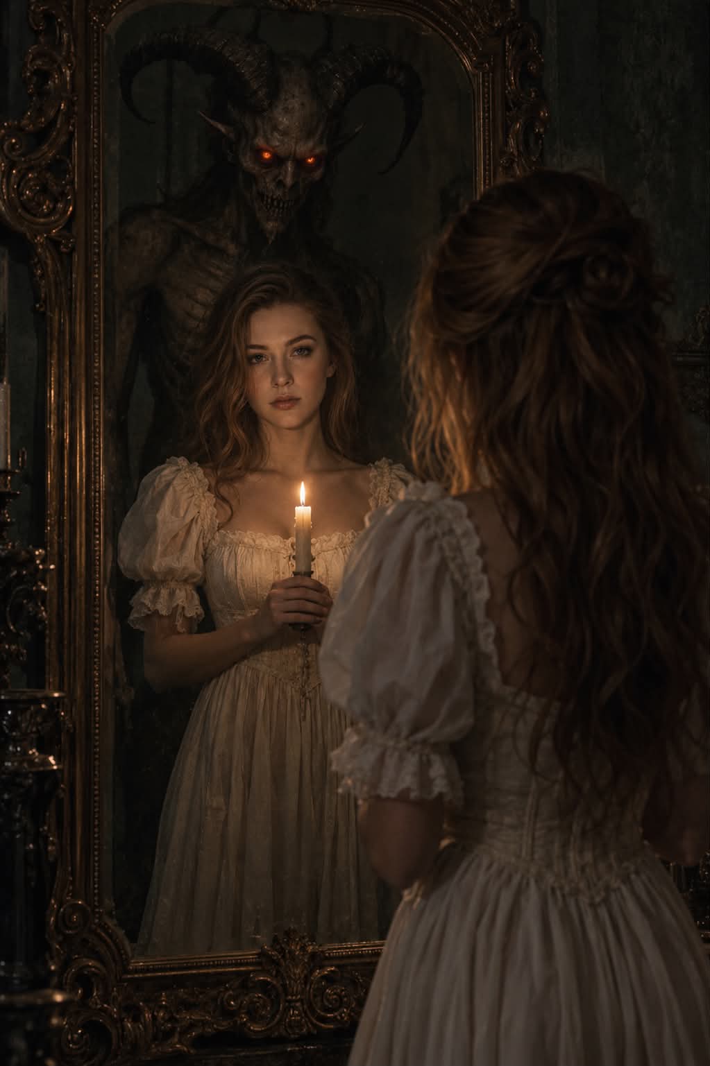 Victorian Mirror Demon: Candlelit Horror Portrait
