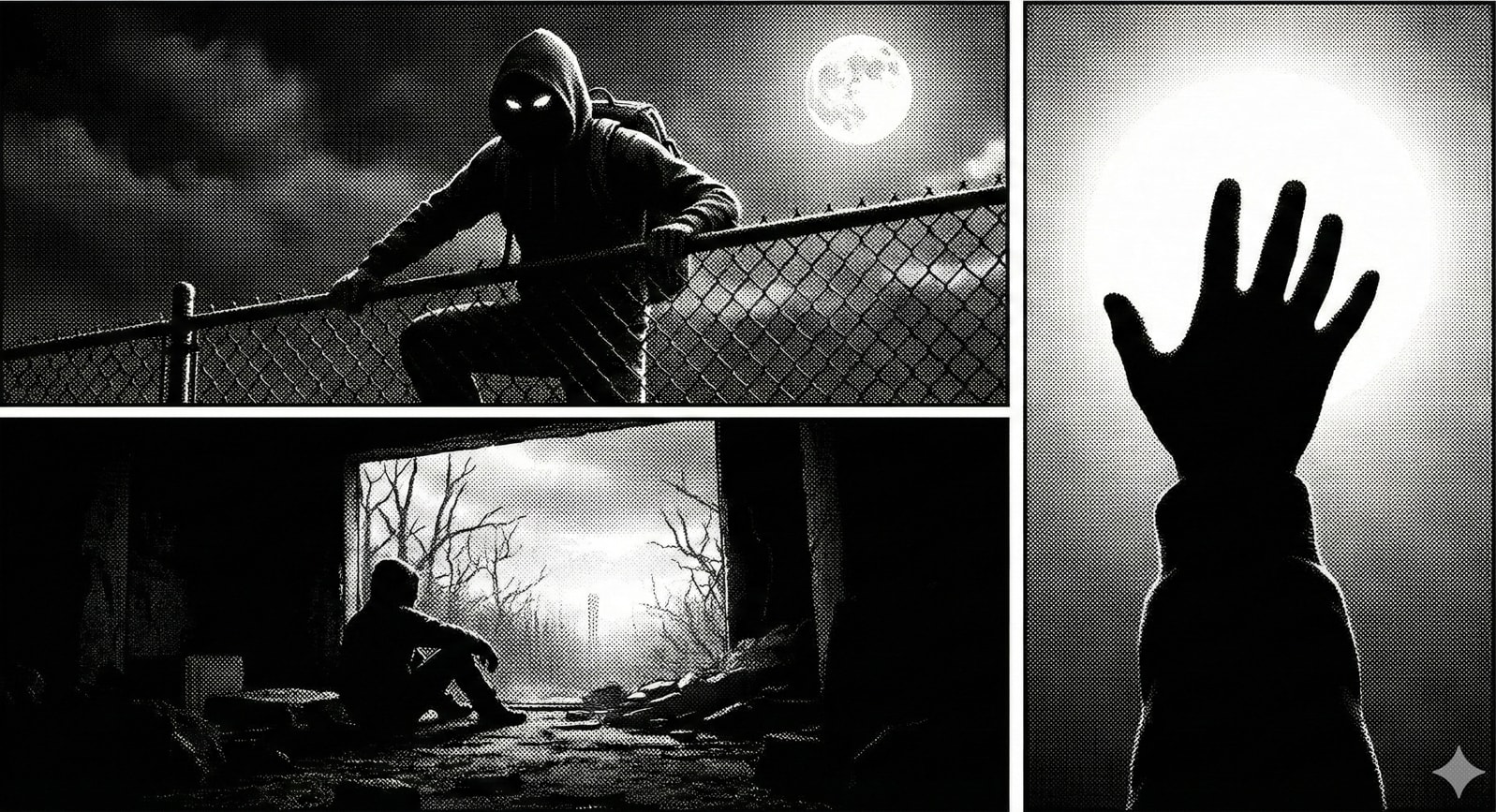 A three-panel monochromatic image