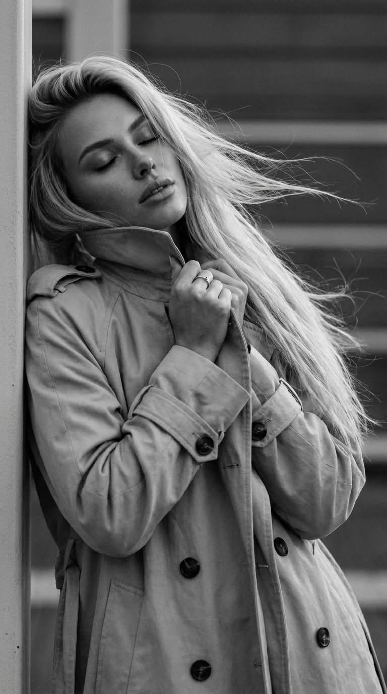 Windblown Monochrome Trench-Coat Portrait output 3