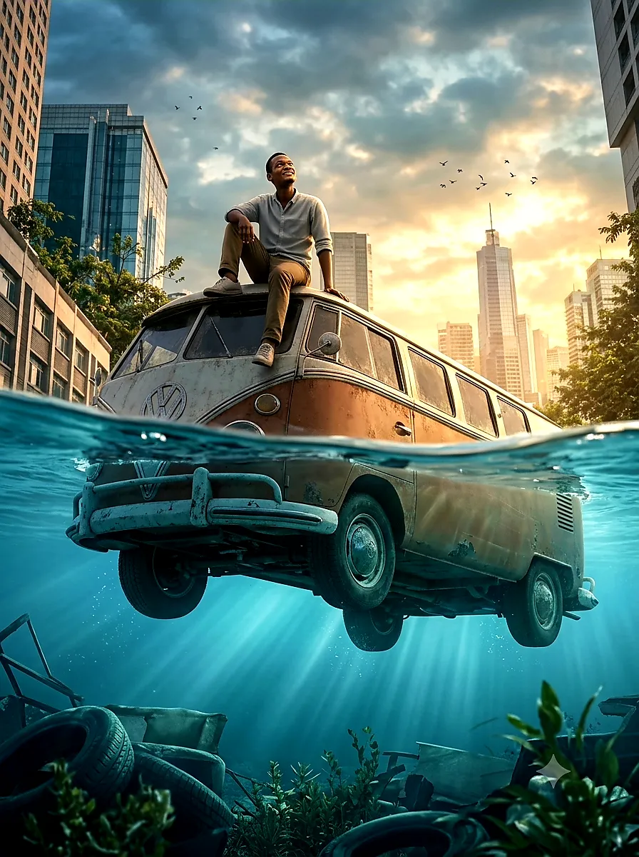 Man on a Van Above a Flooded City