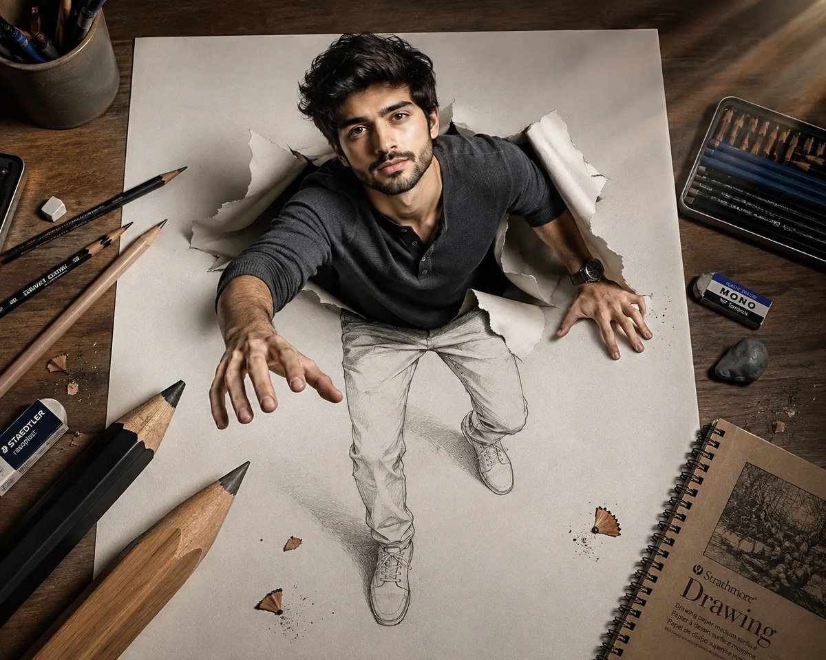 Trompe-l’Œil 3D Portrait Breaking Through Paper
