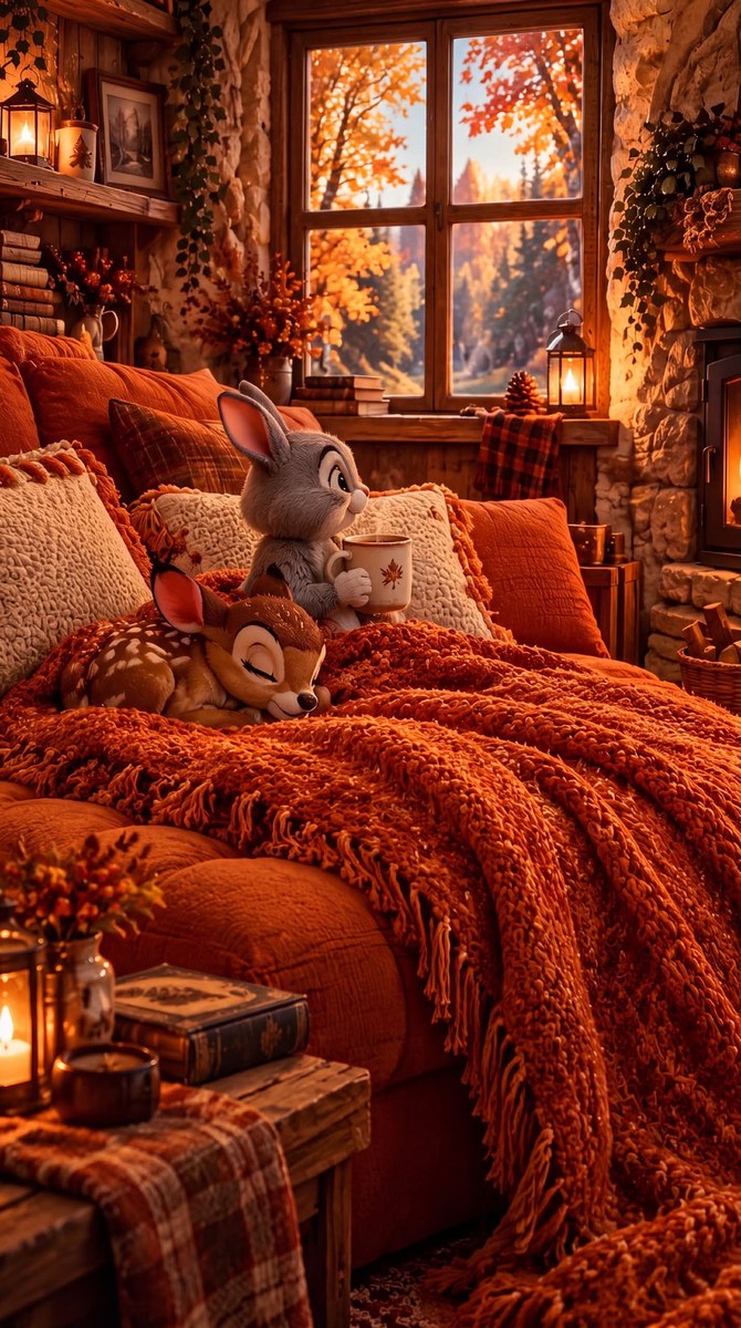 Cozy Autumn Cabin with a Rabbit and Fawn