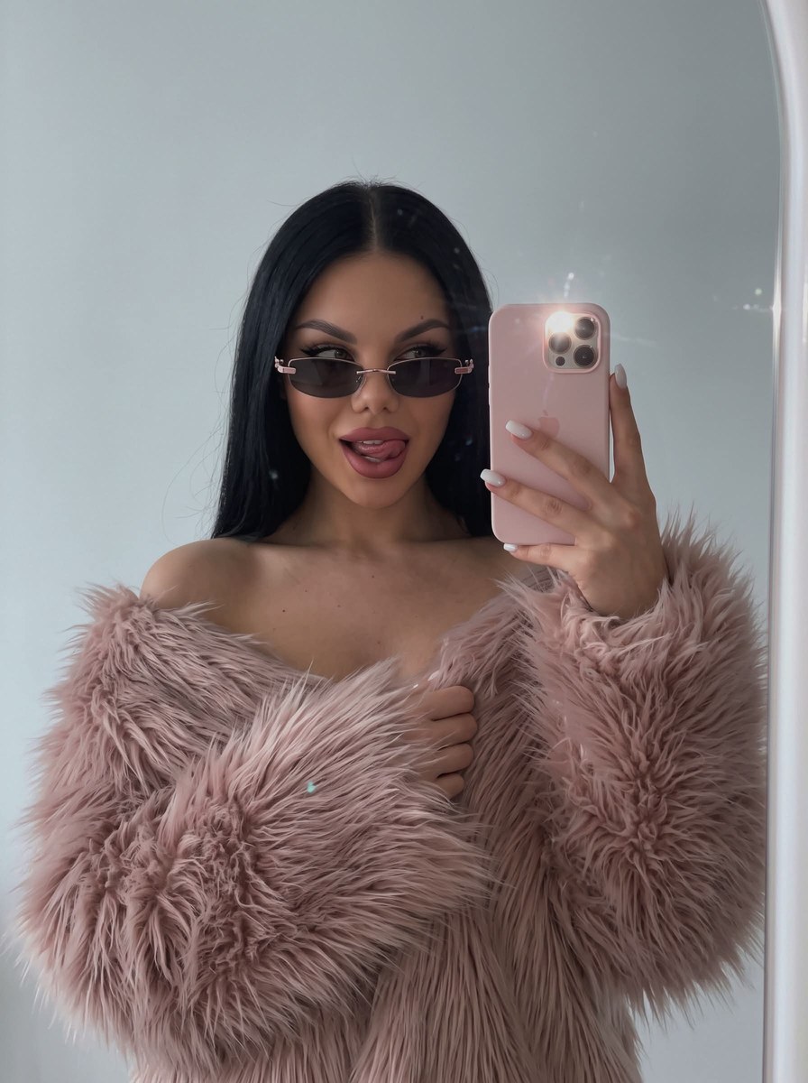 Flash Mirror Selfie in a Powder-Pink Fur Coat