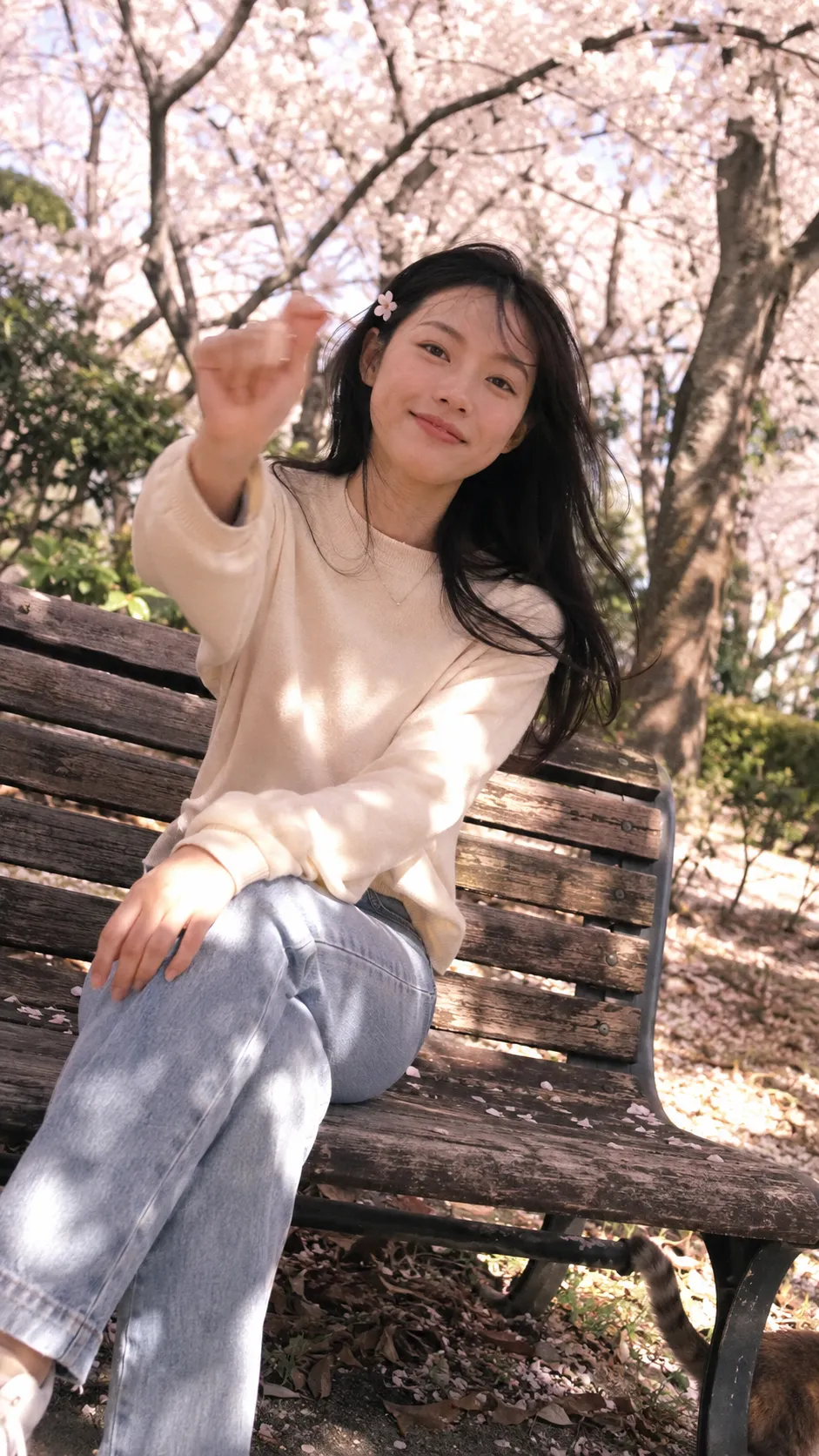 Candid Cherry Blossom Bench Portrait