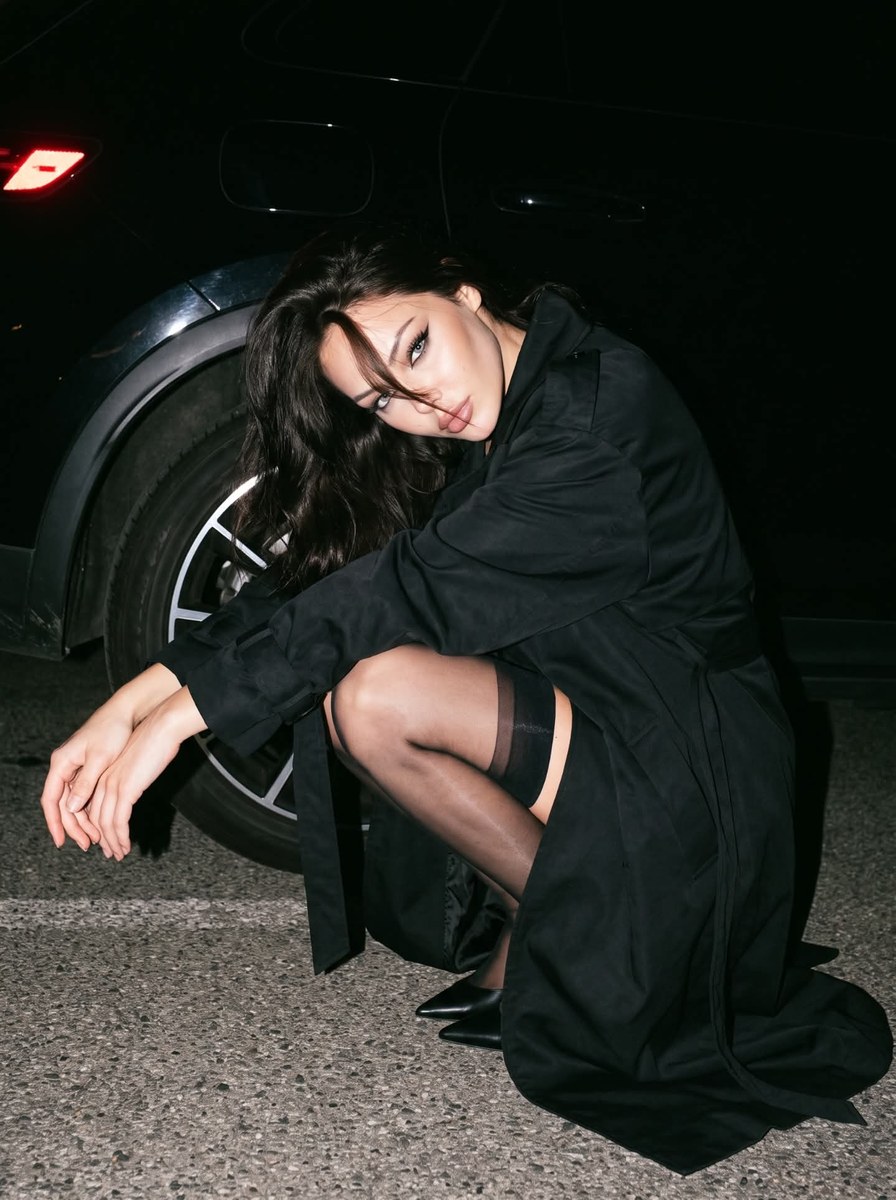 Nighttime Direct-Flash Portrait Beside a Black Car output 2
