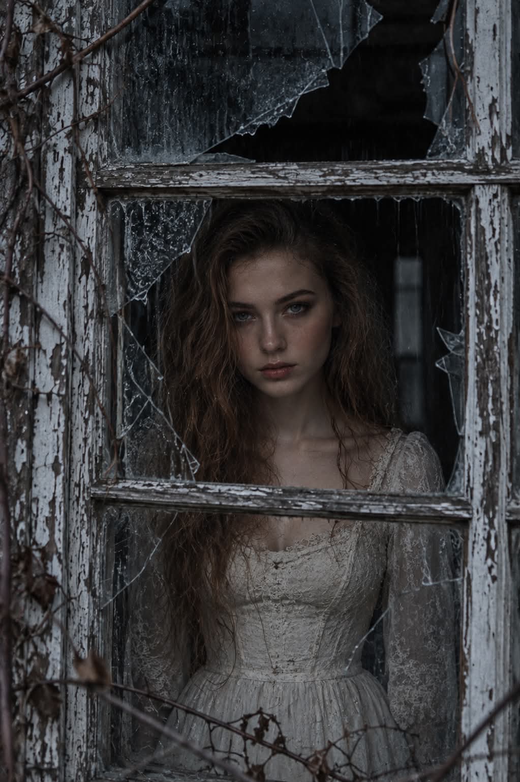 Gothic Portrait Through a Broken Window