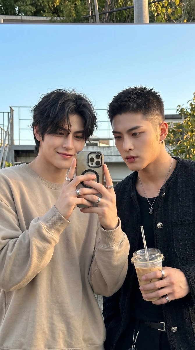 Golden-Hour Mirror Selfie of Two Young Men output 1