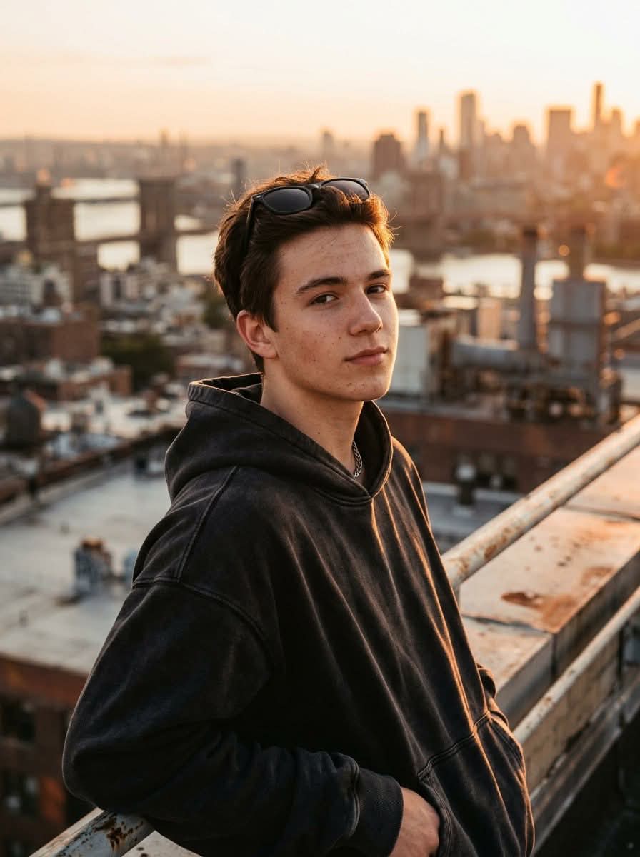 Golden-Hour Rooftop Streetwear Portrait