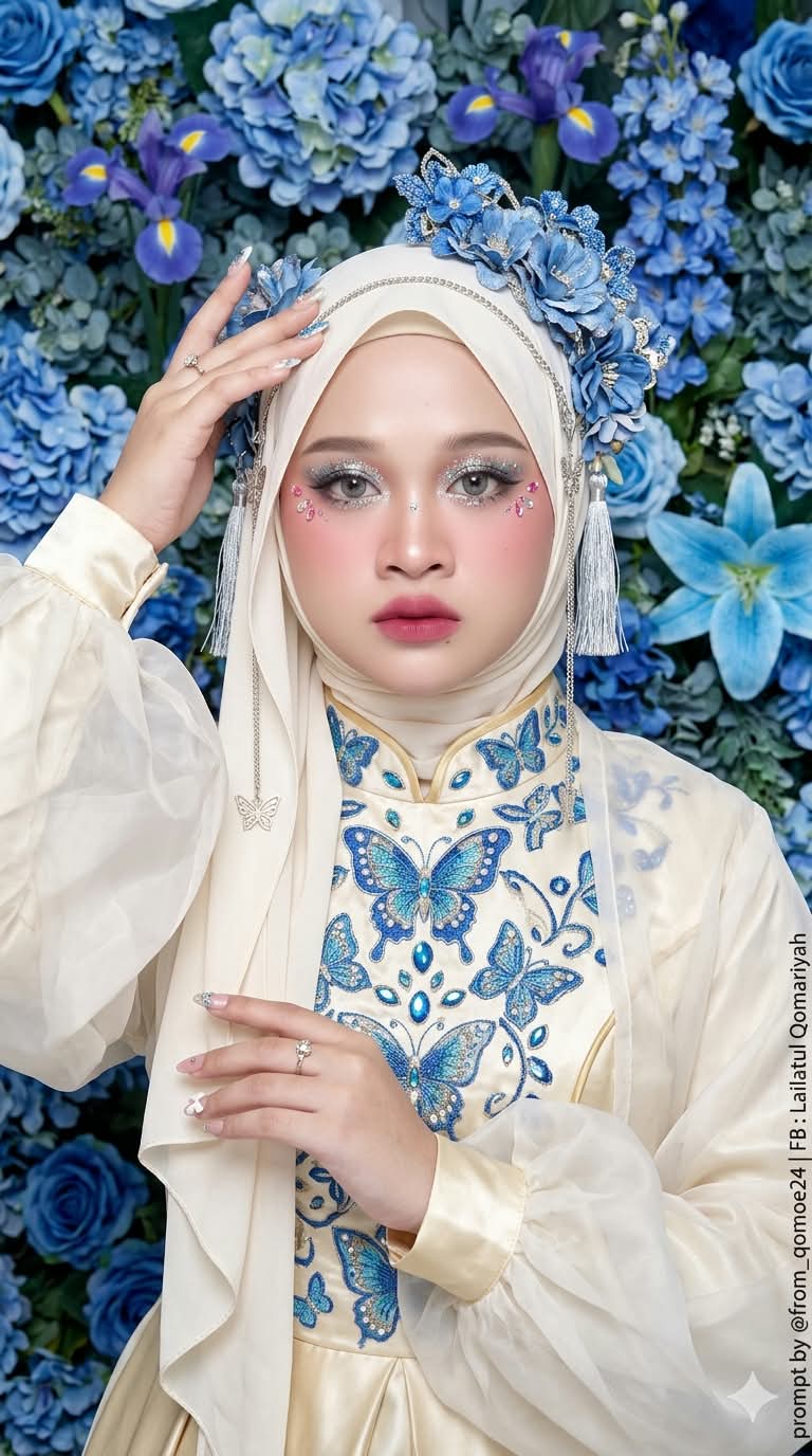 Douyin-Style Hijab Portrait Among Blue Flowers output 2