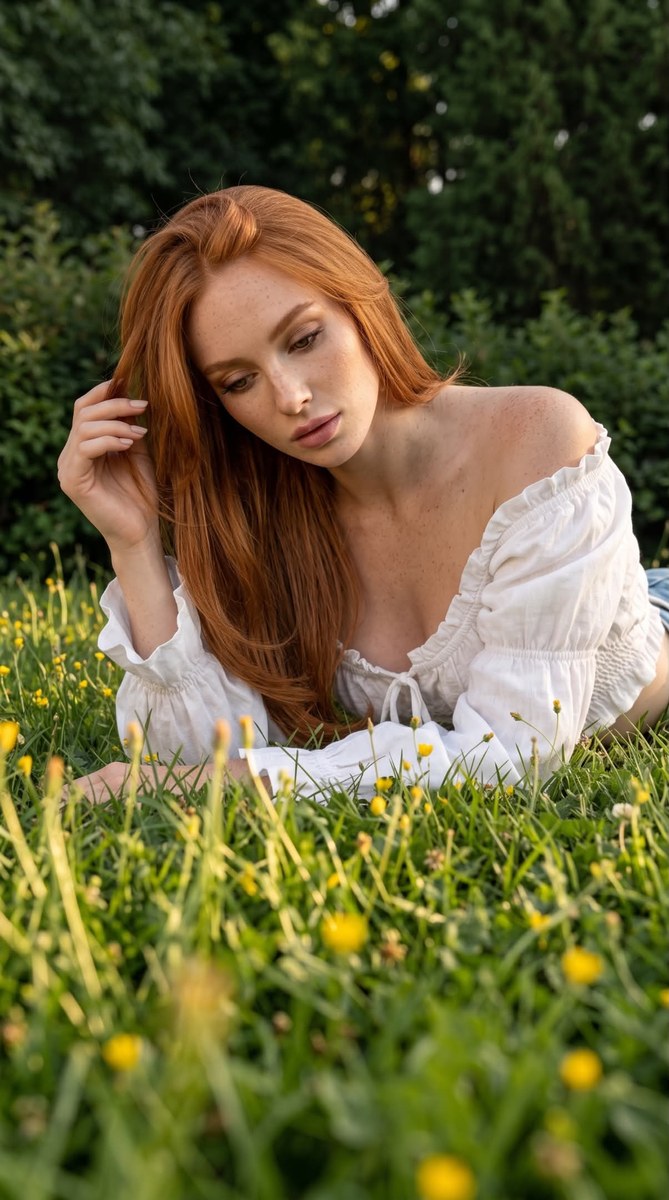 Golden-Hour Portrait Lying in a Wildflower Meadow
