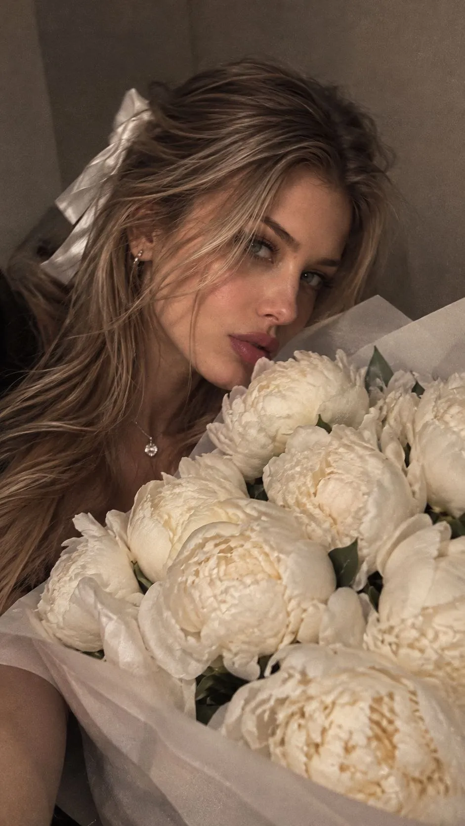 Candid Selfie Behind White Peonies output 1