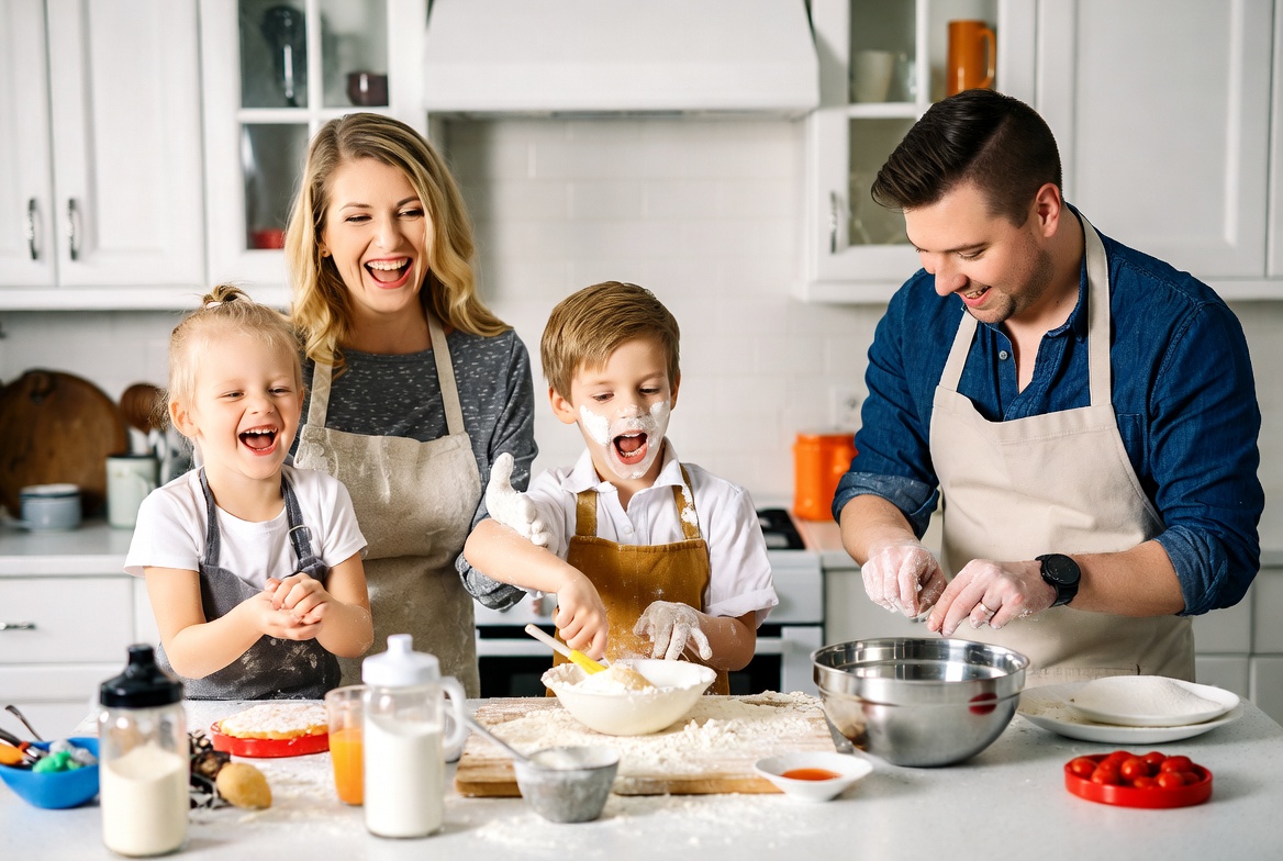 Candid Family Baking Photo in a Bright Kitchen