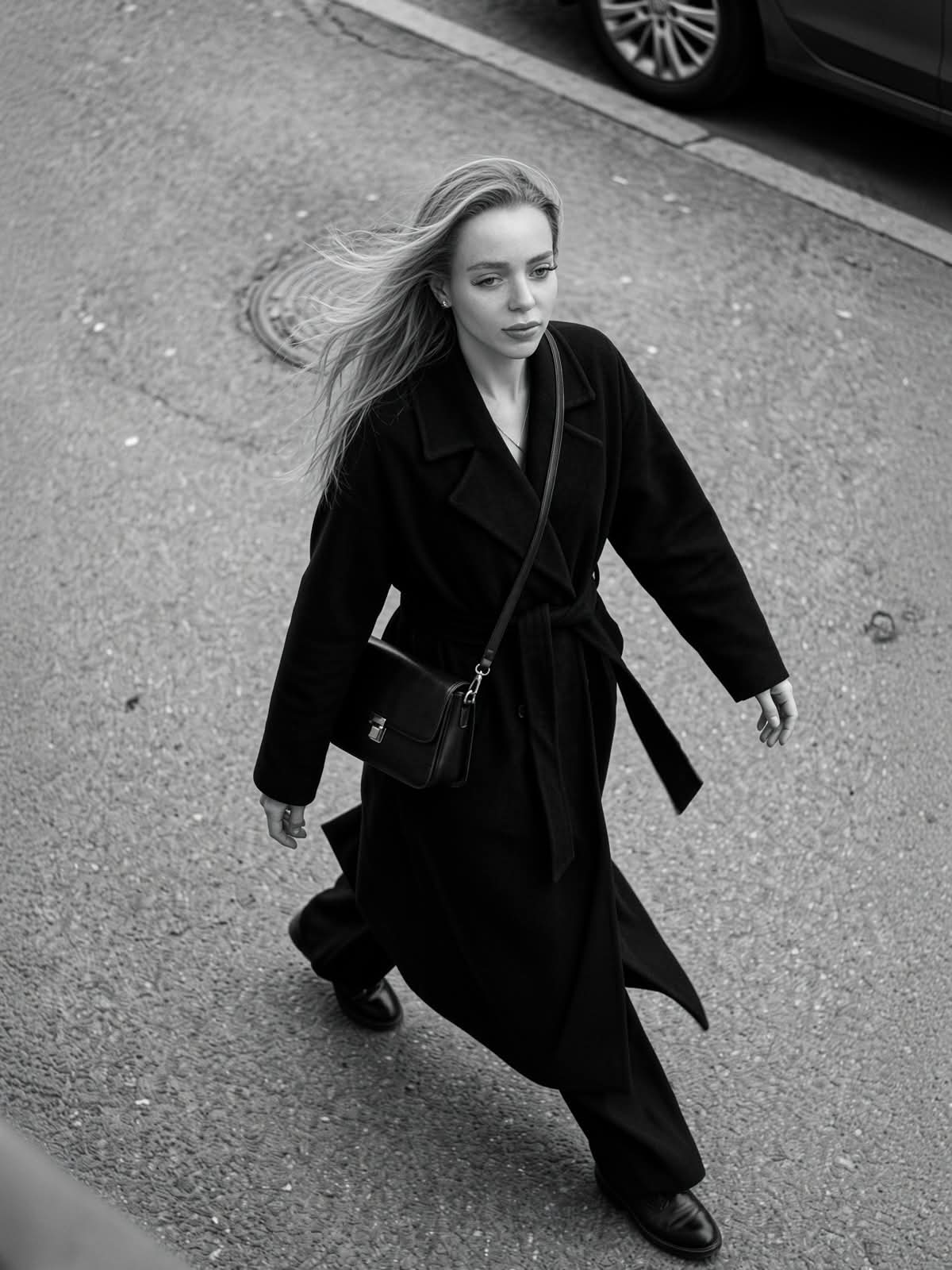 Monochrome Overhead Street-Fashion Portrait