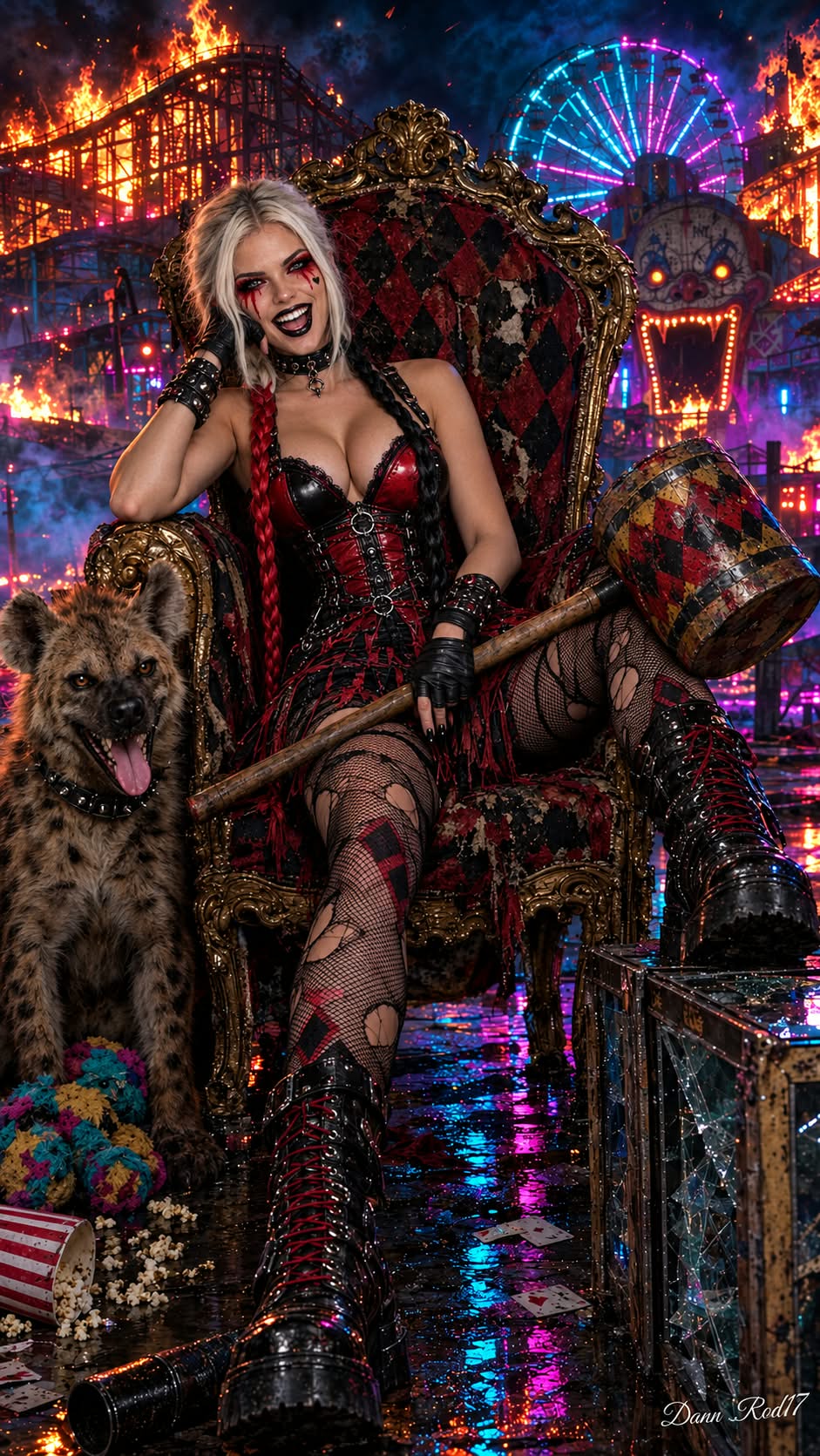 Photorealistic Harley Quinn in a Burning Carnival