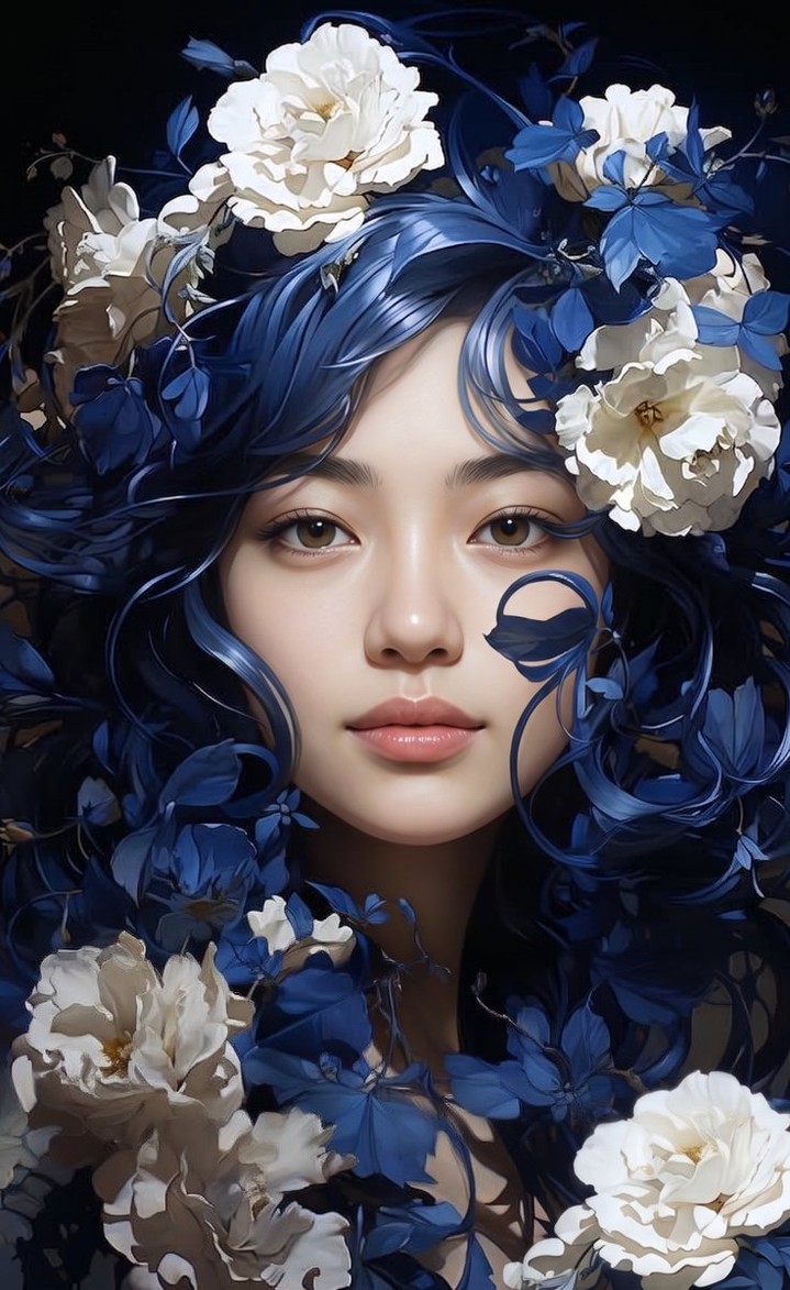 Ethereal Portrait with Blue Hair and Peonies