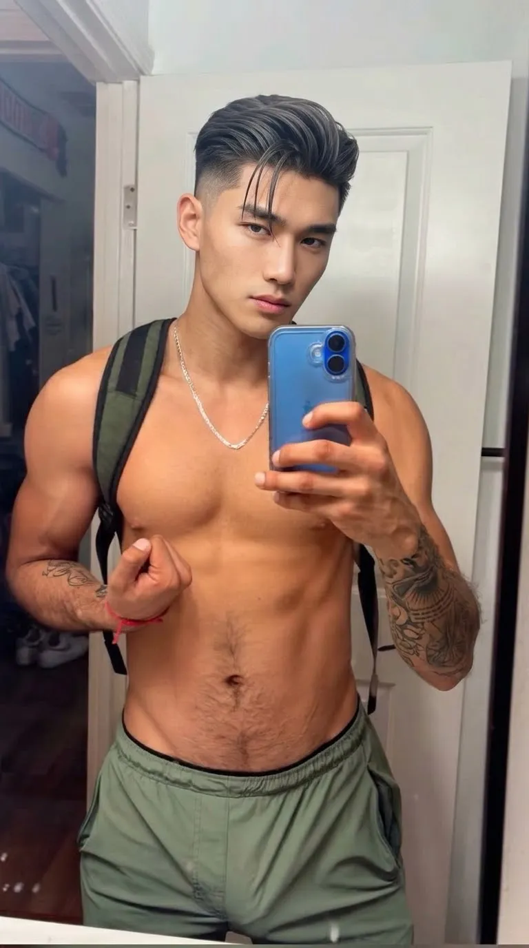 Photorealistic Korean Man’s Bedroom Mirror Selfie output 1
