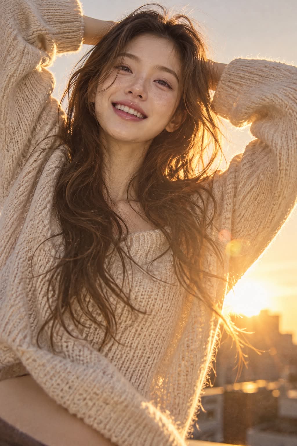 Sunset Portrait in an Oatmeal Knit Sweater