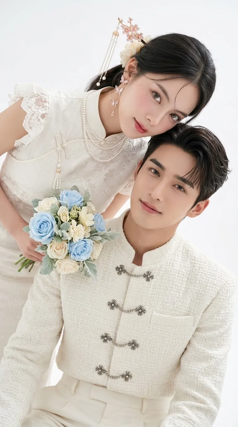 Modern Oriental Wedding Couple in a High-Key Studio