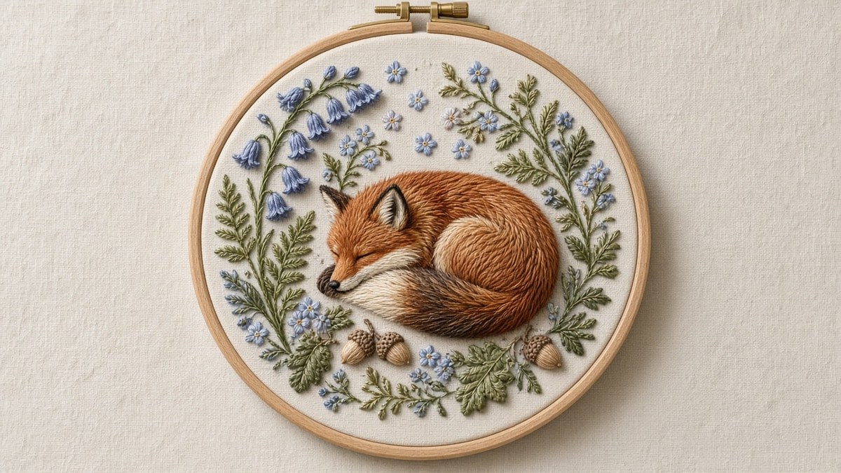 Crewelwork Embroidery of a Sleeping Red Fox Among Bluebells in a Hoop