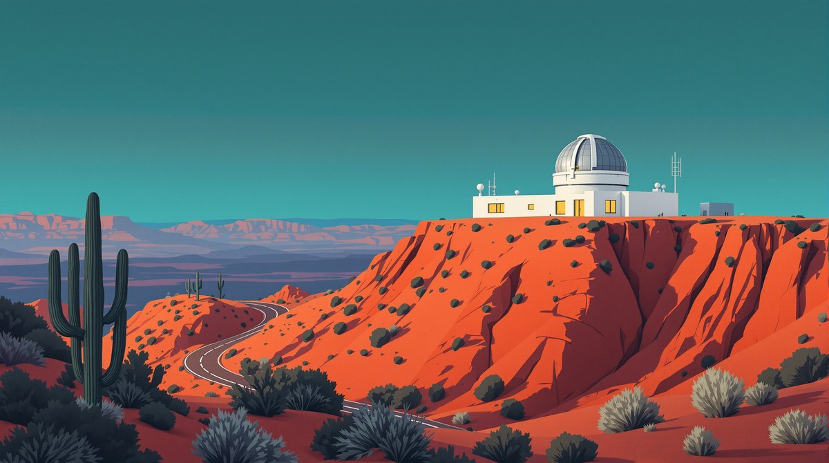 Mid-Century Gouache Illustration of a Desert Observatory at Dusk