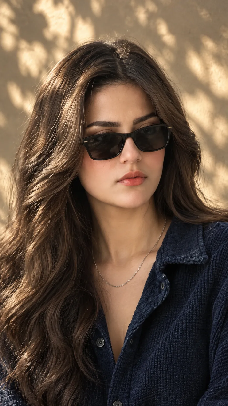 Golden-Hour Fashion Portrait with Black Sunglasses output 1