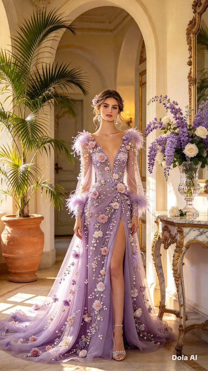 Photorealistic Lilac Gown in an Elegant Room output 2