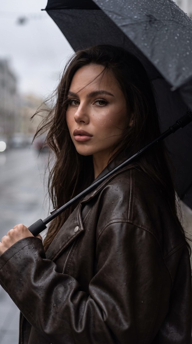 Rainy-Day Leather Jacket Portrait output 1