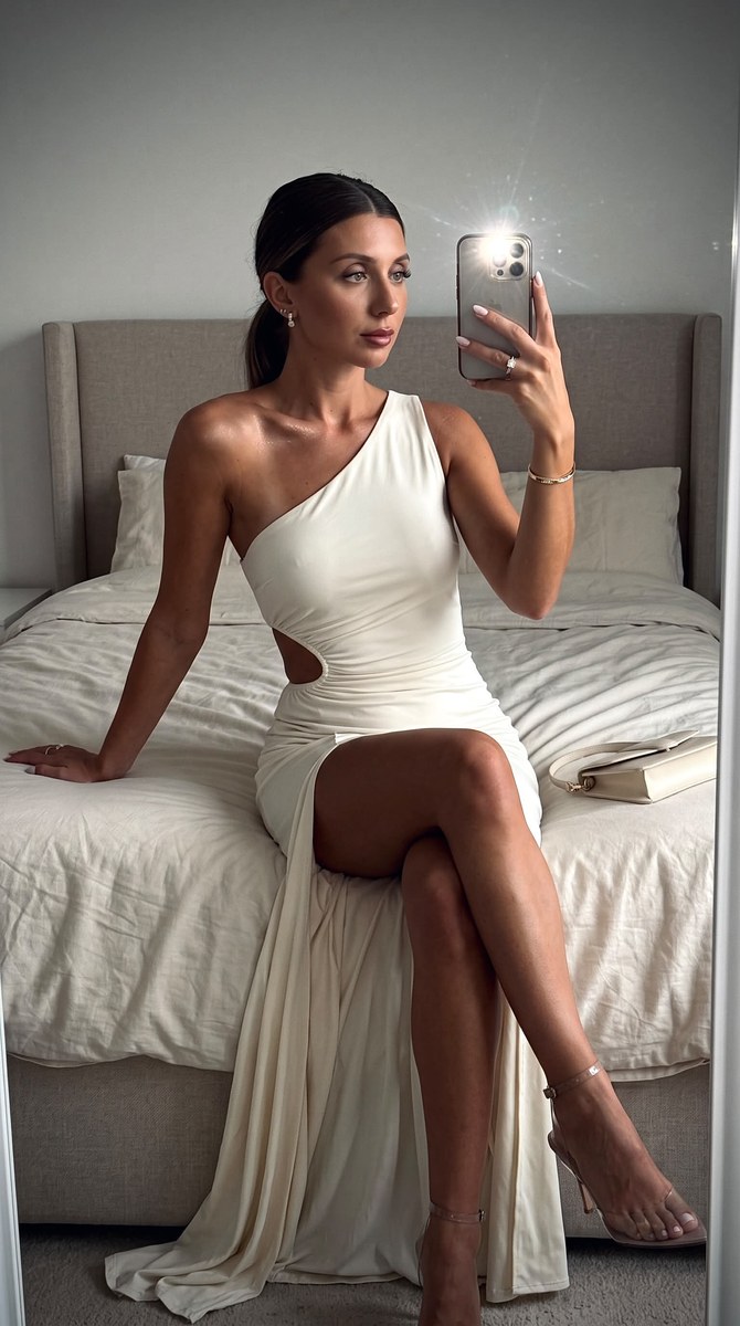 Warm Neutral Bedroom Mirror Selfie