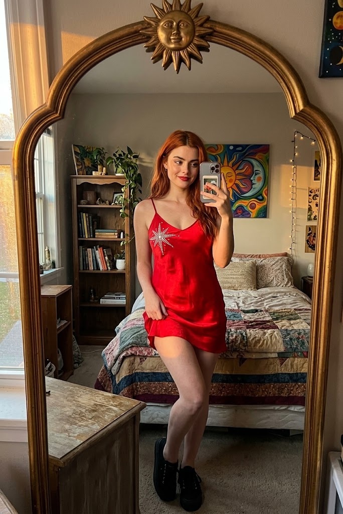 Warm Bedroom Mirror Selfie in a Red Slip Dress