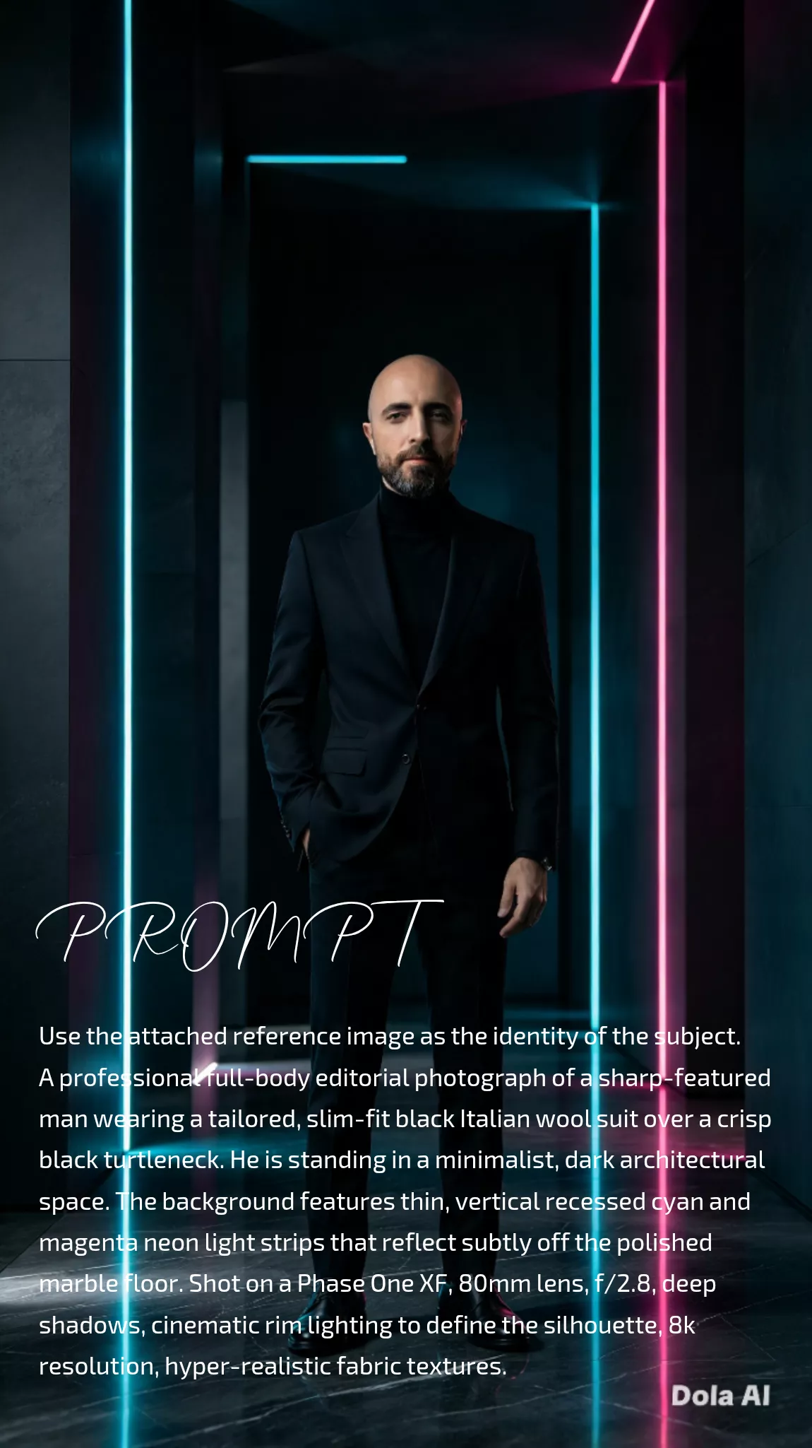 Neon-Lit Black Suit Editorial Portrait output 3