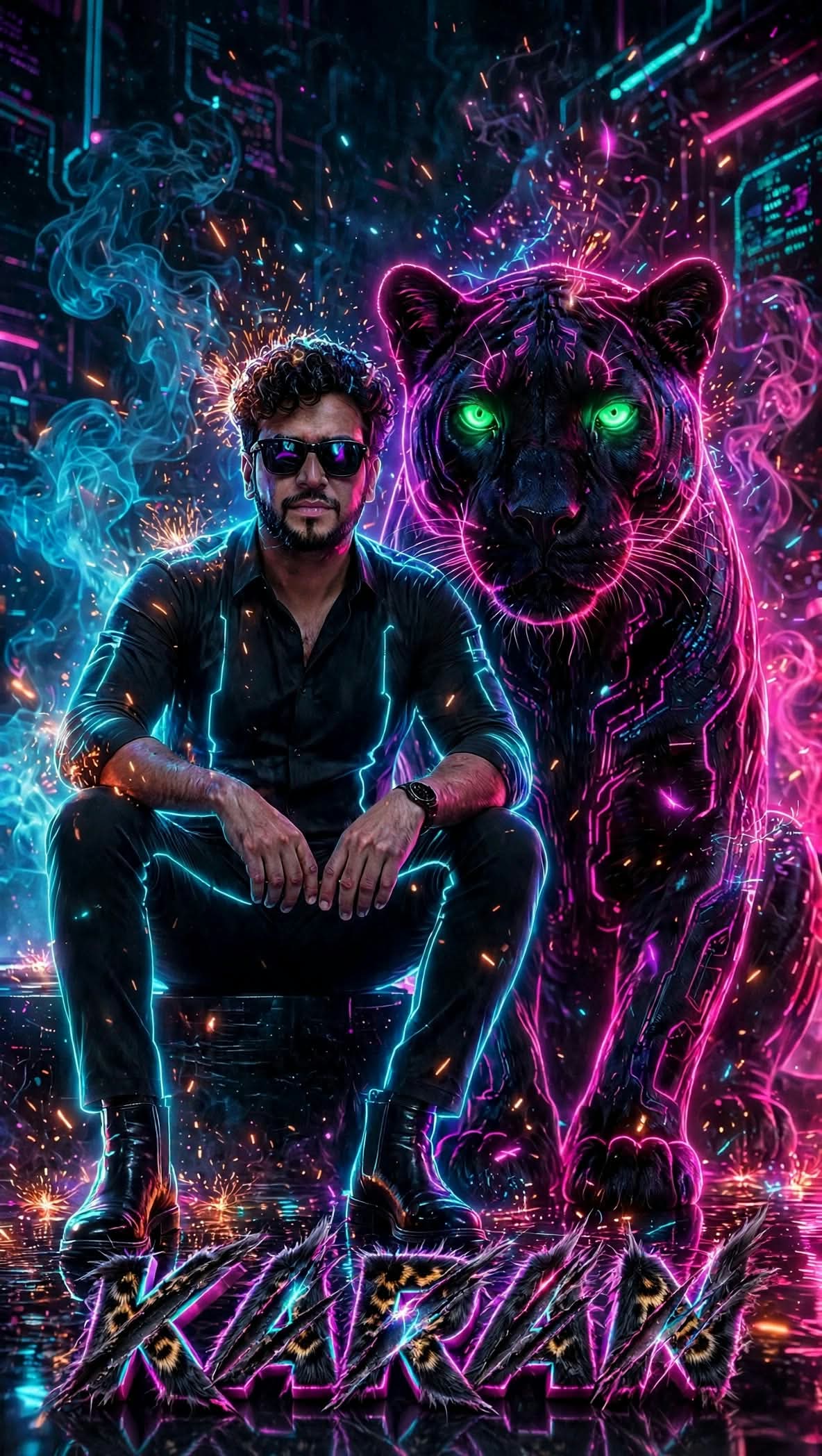 Cyberpunk Man and Panther Portrait with Neon Name