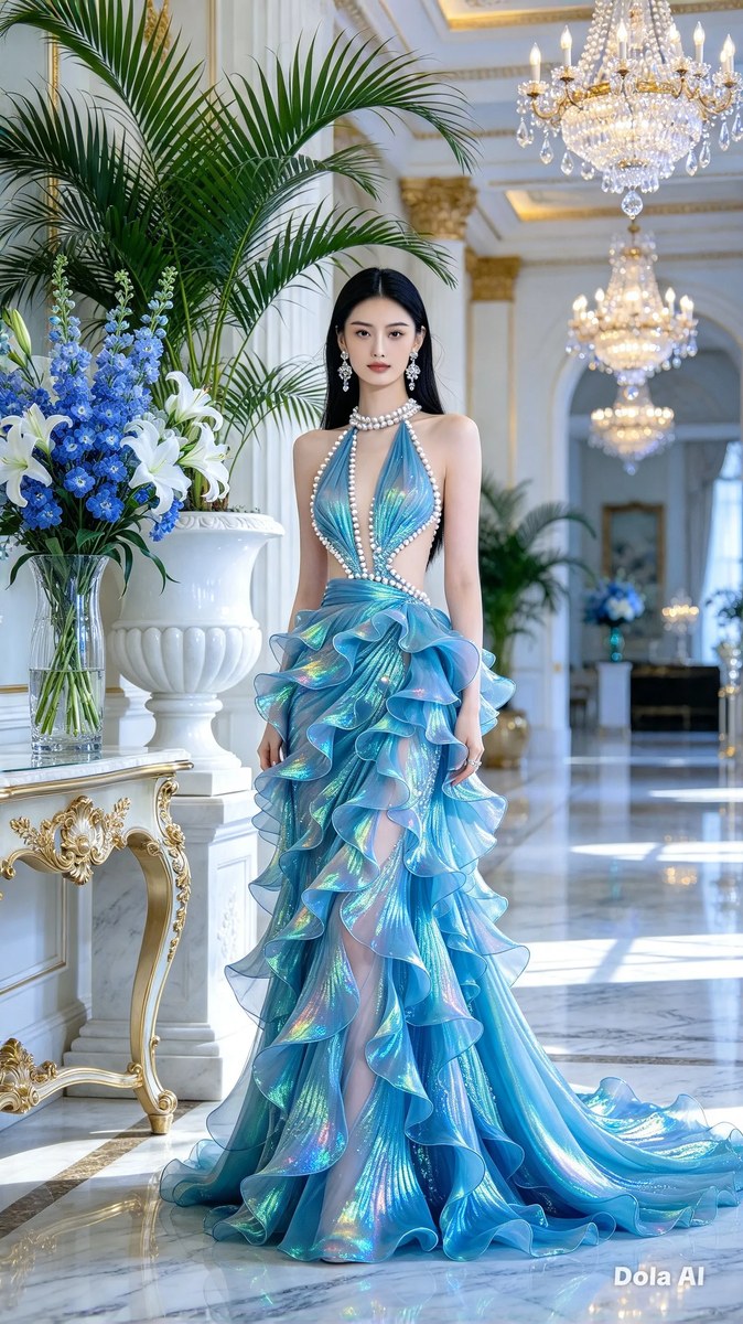 Ocean-Blue Gown in a Grand Hall