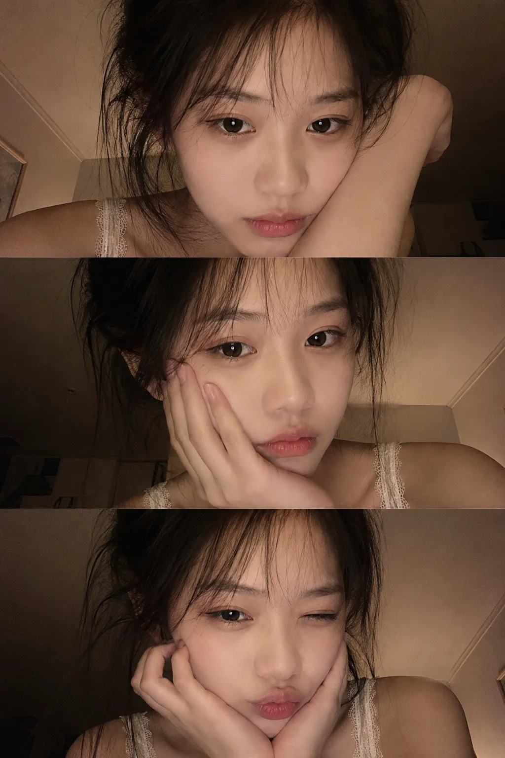 Cozy Late-Night Three-Panel Selfie Collage