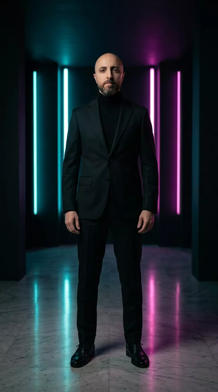 Neon-Lit Black Suit Editorial Portrait