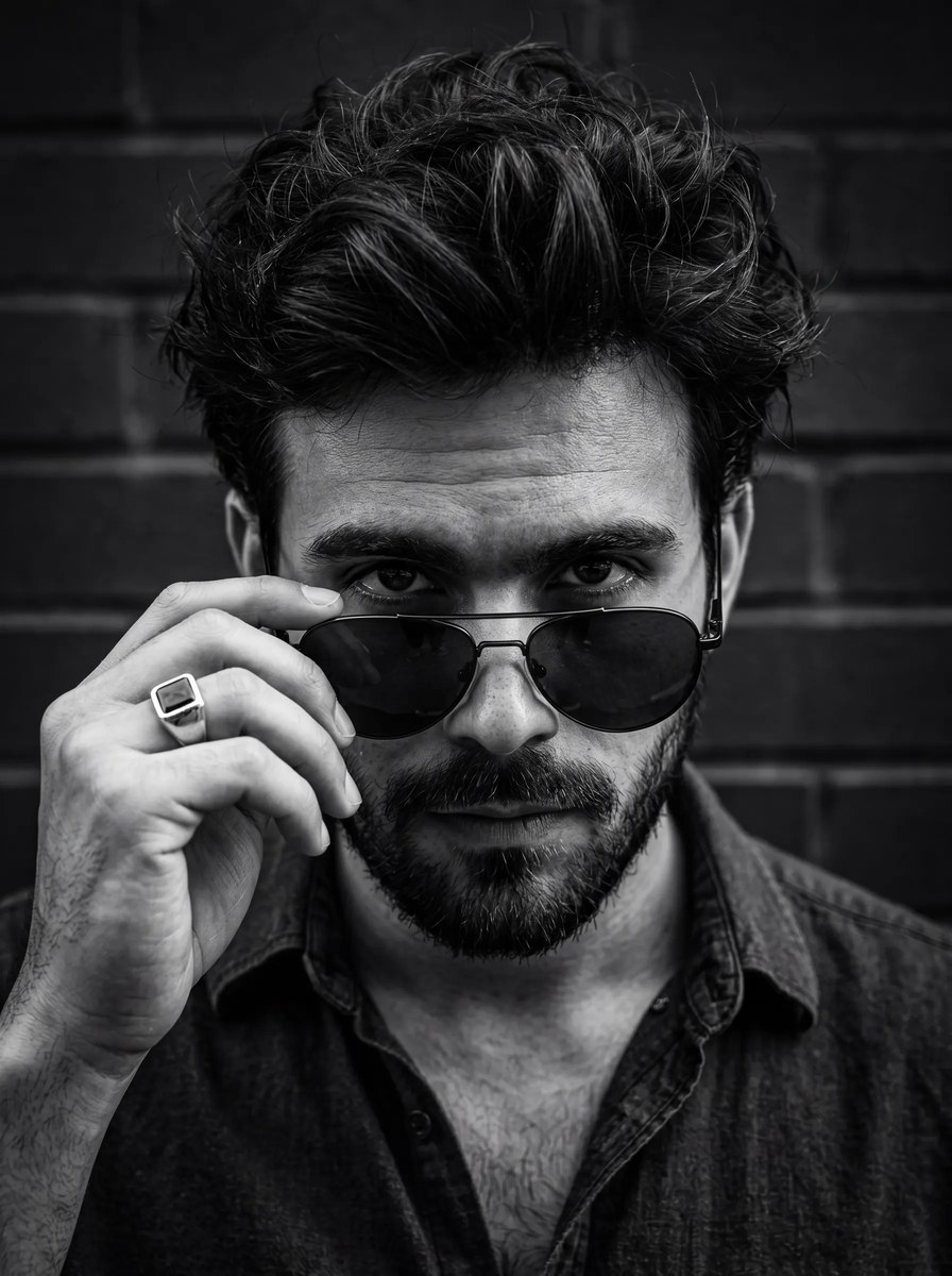 High-Contrast Portrait with Lowered Aviator Sunglasses